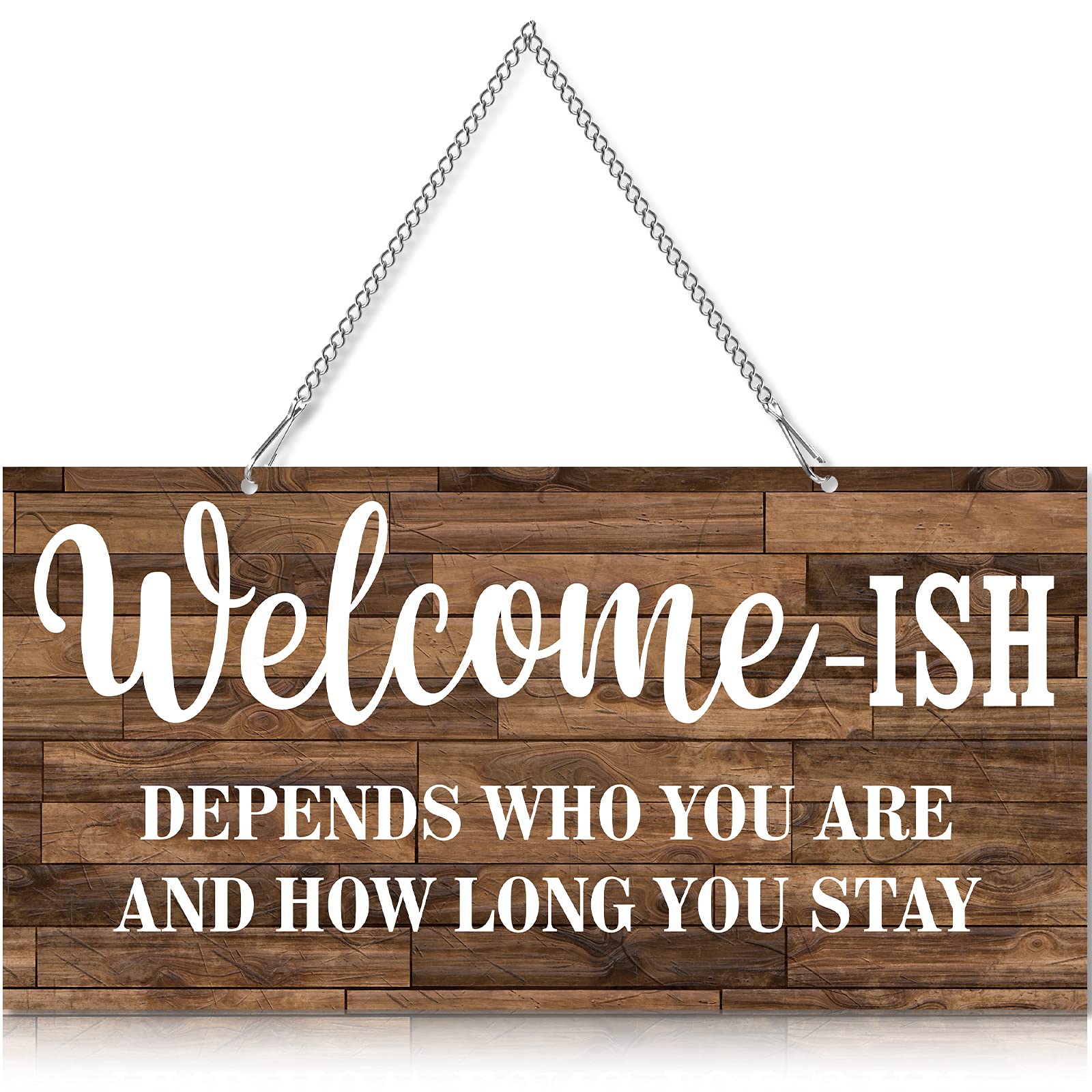 Hotop Funny Christmas Welcome Front Door Sign Welcome-ish Hanging Sign 12 x 6 Inch, Rustic Wall Farmhouse Door Decor for Home Porch Entryway Decor(White Words with Brown Base) — image 1