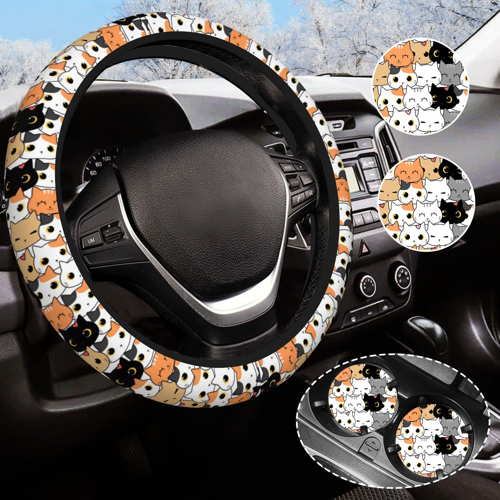 Photo 1 of Cat Steering Wheel Cover for Women Men with 2 Pcs Car Coasters, Universal 14.5-15 Inch Cute Steering Wheel Covers Non-Slip Car Accessories for Girls