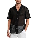 HISDERN Mens Summer Beach Shirts Casual See Through Sheer Lace Shirt Short Sleeve Button Down Mesh Shirt for Men
