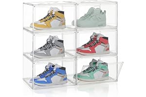 SONGMICS Stackable Shoe Boxes, Transparent Plastic Shoe Storage Organizer with Magnetic Doors, for Max. US Size 12, Set of 6 