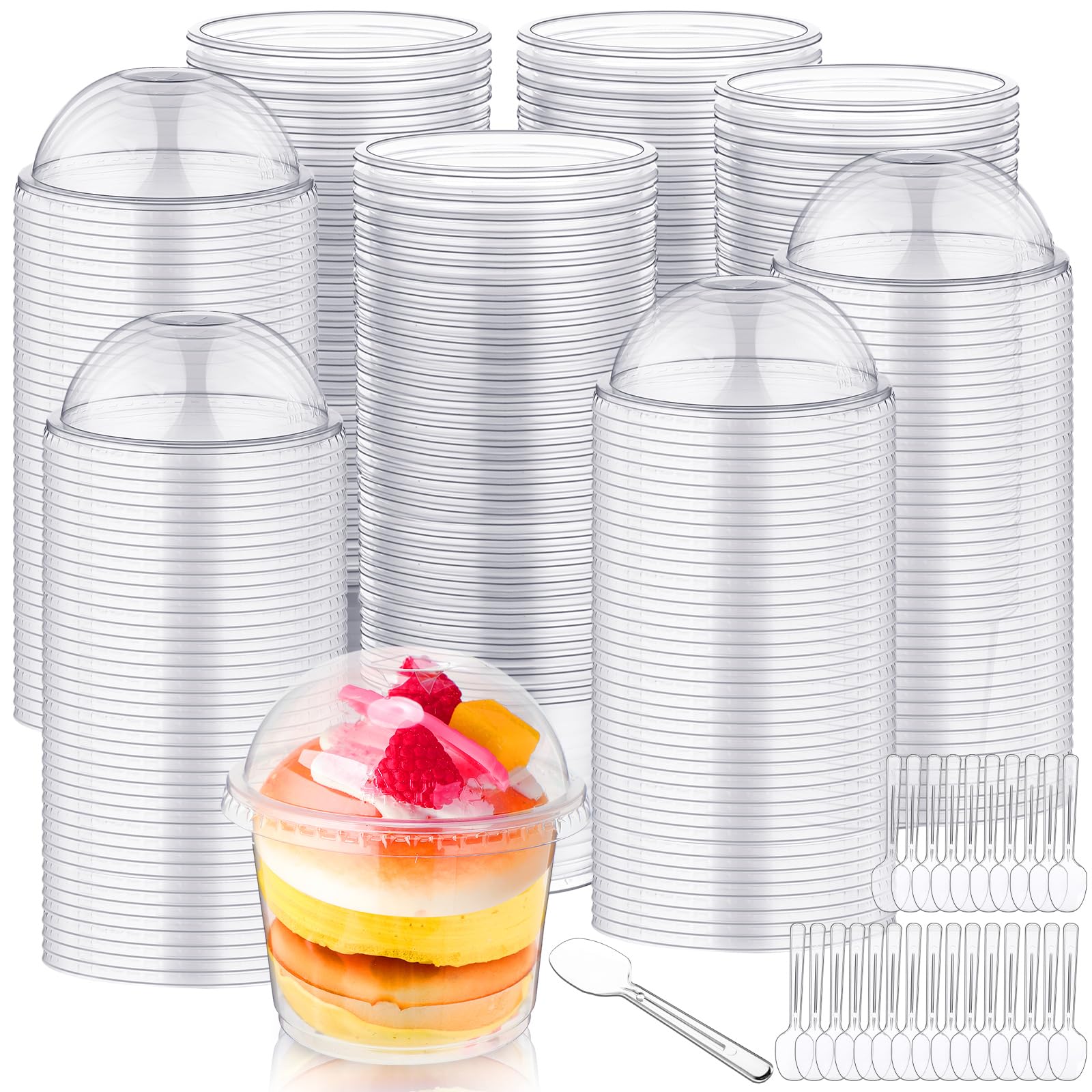 Photo 1 of Jingmore 400 Pcs 9 oz Plastic Dessert Cups with Lids,200 Pcs Clear Disposable Parfait Fruit Cups and 200 Spoons,Appetizer Party Containers for Yogurt Puddings Ice Creams Cake Cold Drink(Dome)