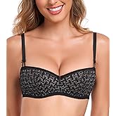 Lemorosy Women's Demi Balconette Bra 1/2 Cup Push Up Lace Unlined Underwire Sexy Sheer Mesh Multiway Balcony Bralette