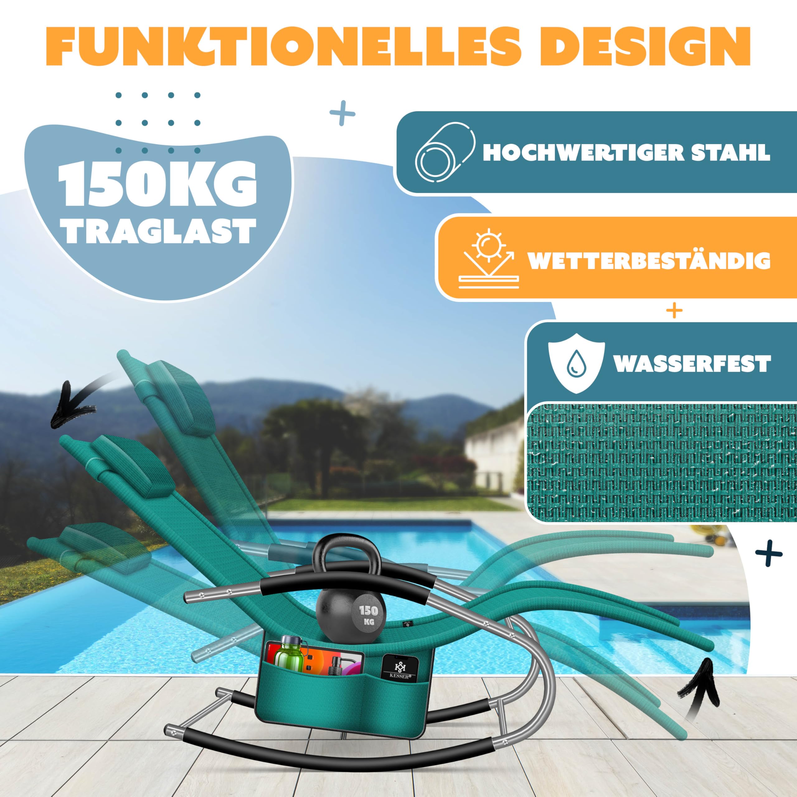 KESSER® Sonnenliege Relaxliege Schwungliege | Gartenliege | Gartenstuhl | Liegestuhl | Schaukelsessel | ergonomische Relaxsessel | Kopfkissen | wetterfest | 150 kg Belastung | Petrolgrün 4