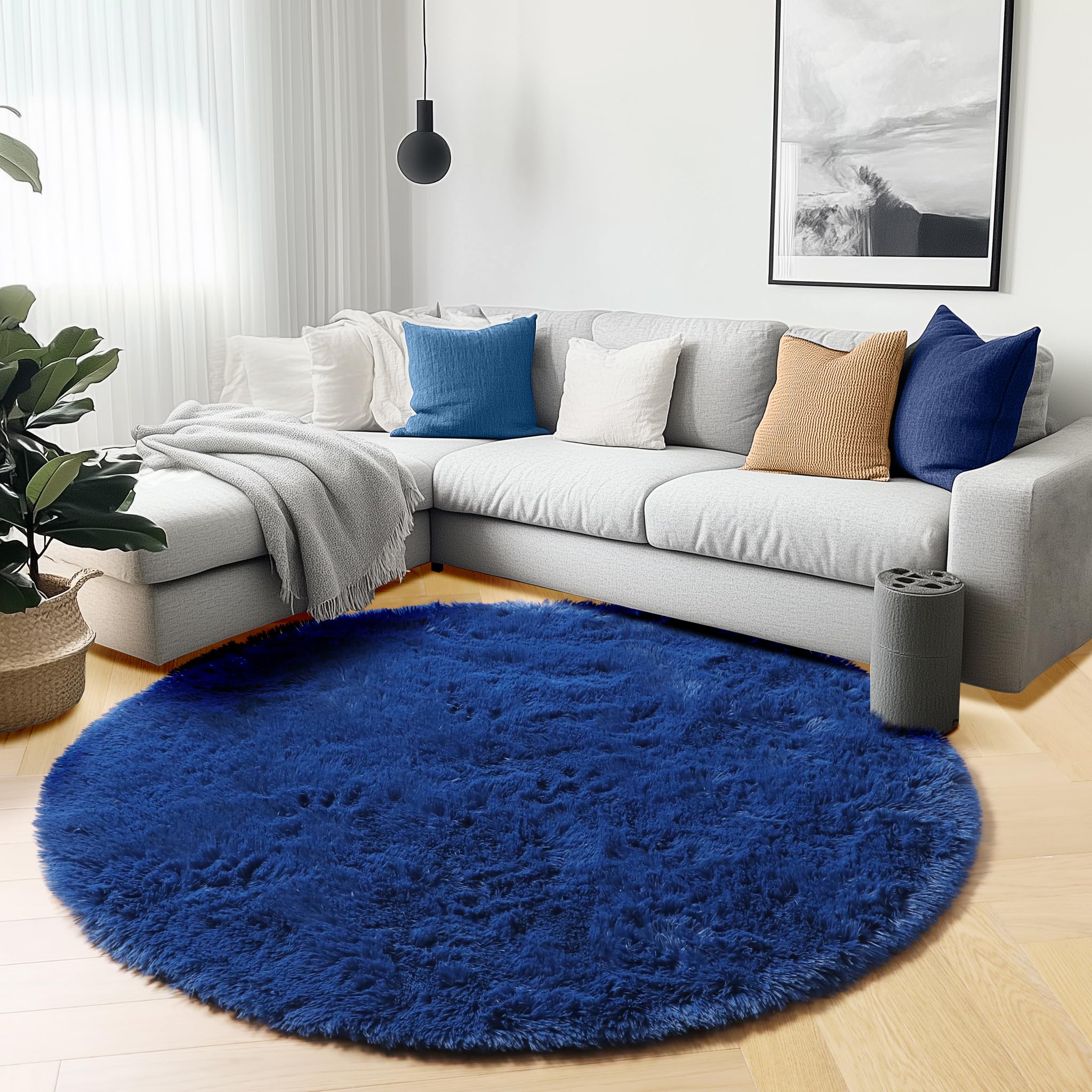ONASAR Navy Blue Round Area Rugs 5ft, Soft Bedroom