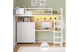 DICTAC Twin Size Loft Bed with L-Shaped Desk and 7 Storage Drawers,Metal Twin Loft Bed for Kids with LED Lights and Charging Station,13.11" H Safety Guardrail and Ladder,No Box Spring Needed, White