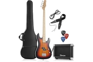 Davison Guitars Full Size Electric Bass Guitar with 15-Watt Amp, Sunburst - 4 String Right Handed Beginner Kit with Gig Bag and Accessories