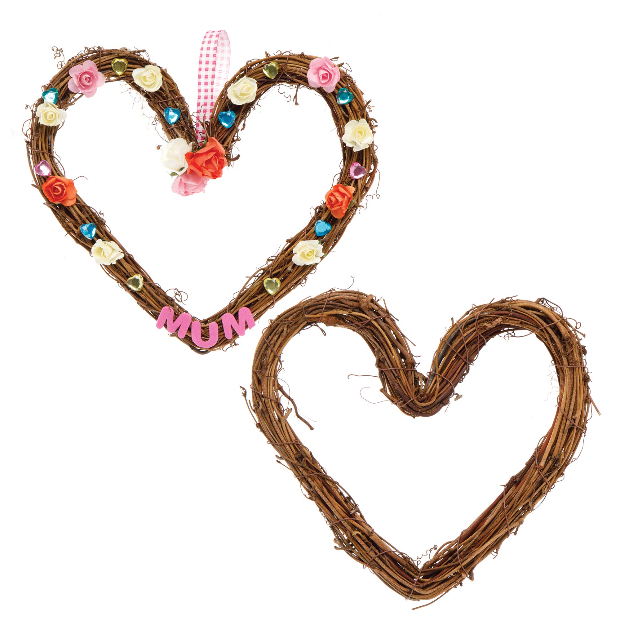 Baker Ross AX854 Heart Rattan Wreaths - Pack of 2, Perfect for Seasonal Displays, Decorate with Pinecones, Berries, Pine Branches and More, Eco Friendly Material