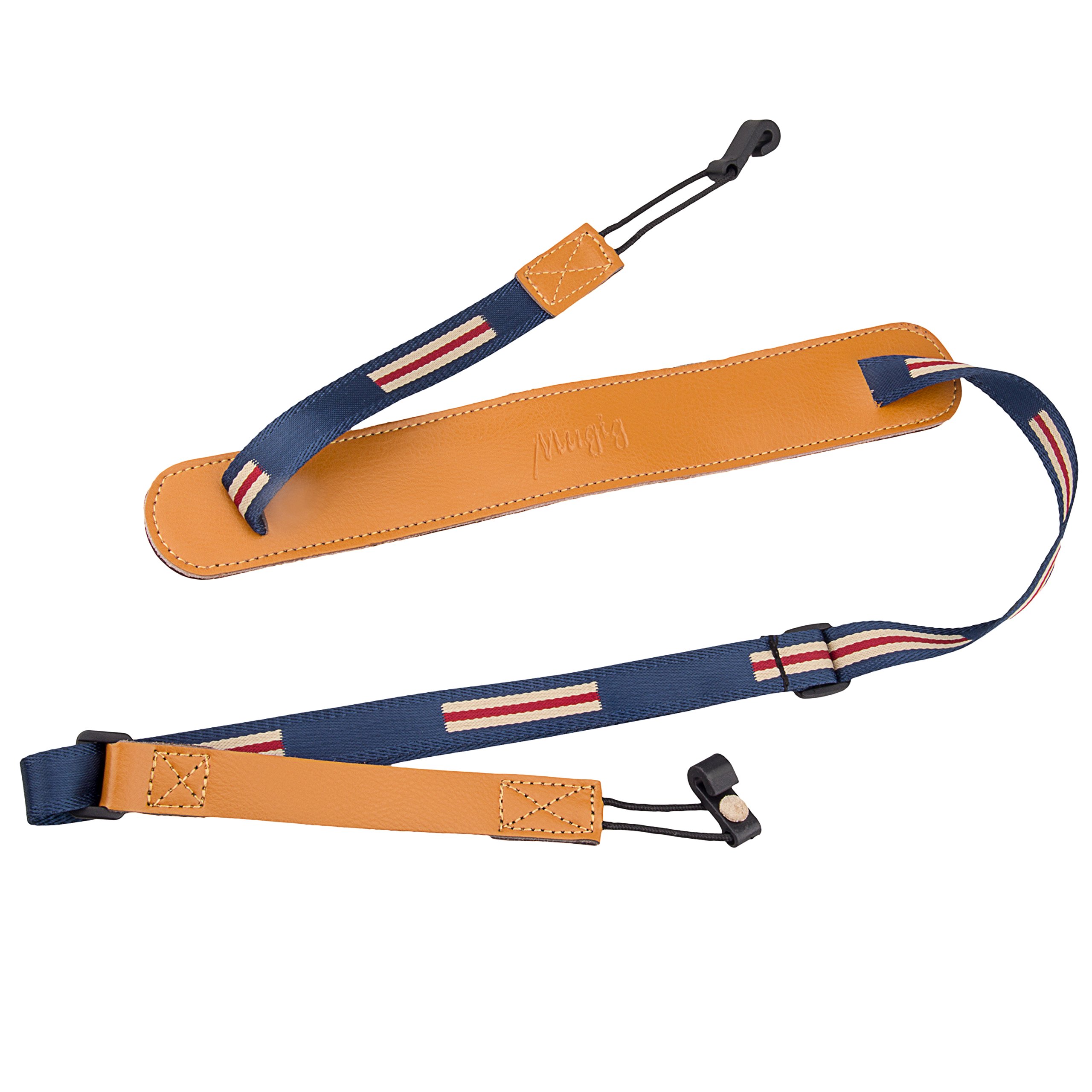 Mugig Correa ajustable cuero para ukelele de hecho a mano,listada denim tejido y cuero suave