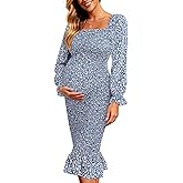 Maternity Dresses Baby Shower - Fall Long Sleeve Floral Smocked Bodycon Mermaid Midi Dress