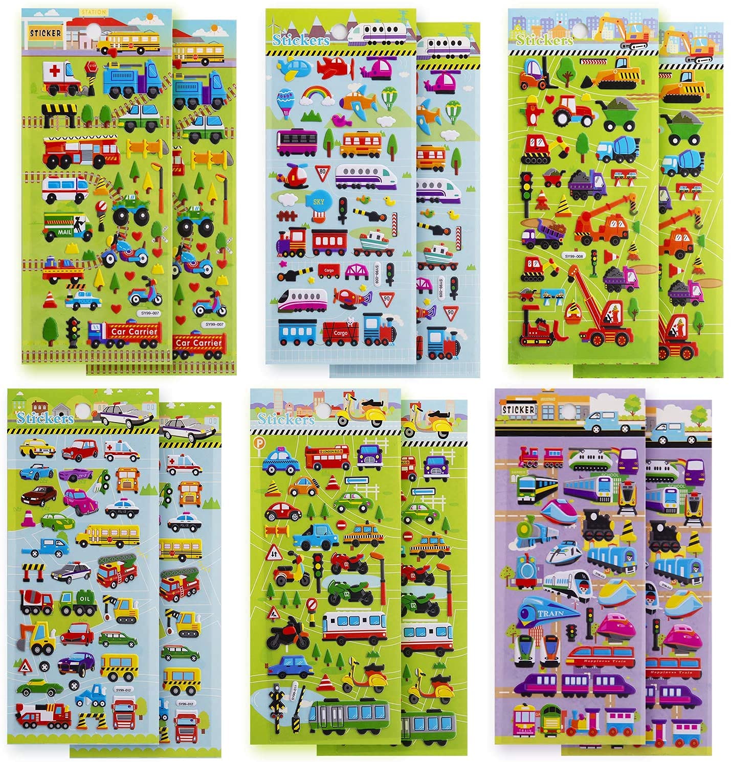 SAVITA 3D Stickers for Kids & Toddlers, 400+ Cars & Trucks, 3D Puffy Stickers Including Cars, Trains, Airplanes, Fire Trucks, Helicopters, Motorcycles, School Buses, Spaceships