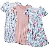 FEREMO 3 Pack Women's Nightgown Short Sleeve Sleepshirts V Neck Print Nightshirts for Women Sleepwear