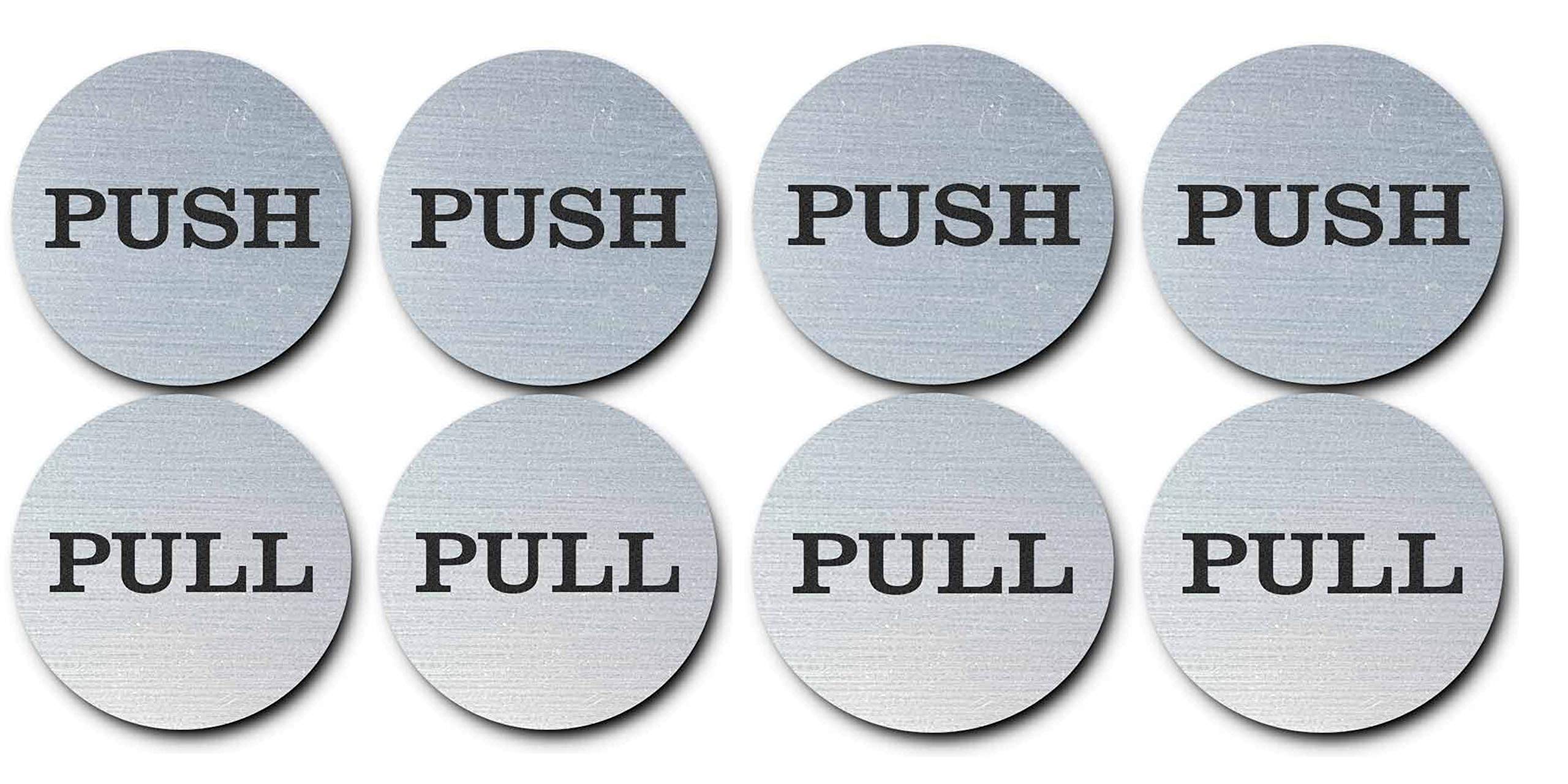 Coolest 2" Round Push Pull Door Signs (Brushed Silver) - 304 Grade Stainless Steel (Pair of 4)