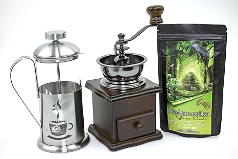 Kaffee Geschenk-Set Südamerika 250 g Länderkaffee aus Kolumbien Ganze Bohnen, Retro-Kaffeemühle und Stempelkanne 350 ml