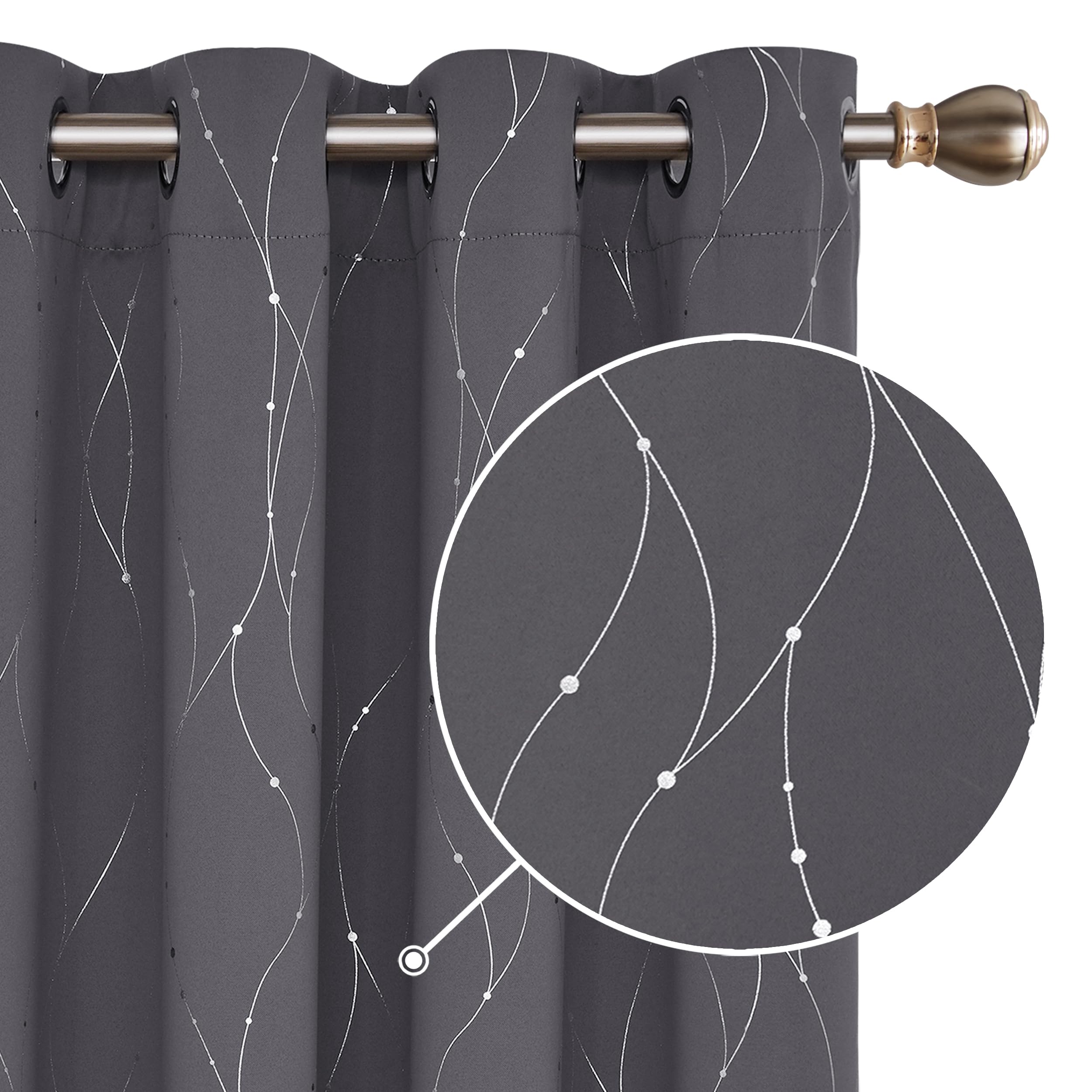 Deconovo Dot Line Decorative Super Soft Thermal Insulated Energy Saving Blackout Curtains for Living Room Dark Grey 66 x 72 Inch 2 Panels