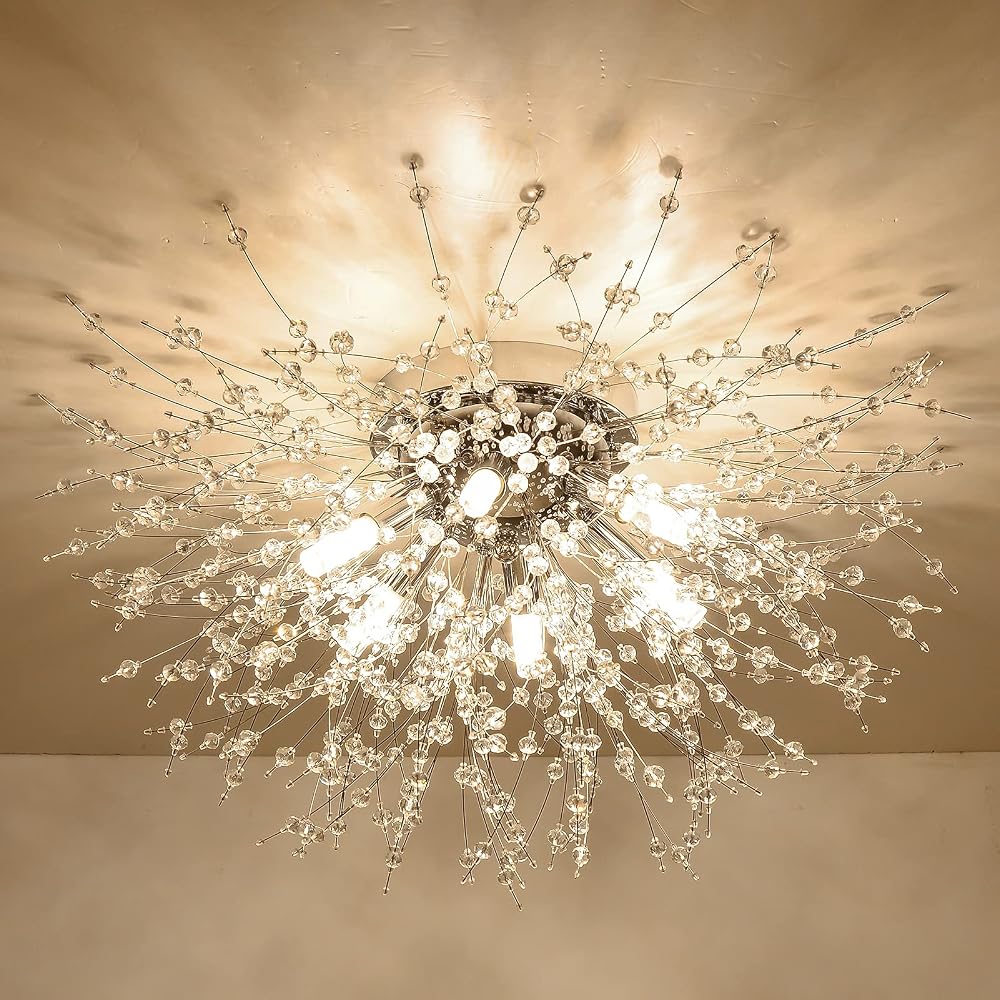 Rayofly Modern Crystal Chandelier Ceiling Light Gold 6 G9 Sockets Flush Mount
