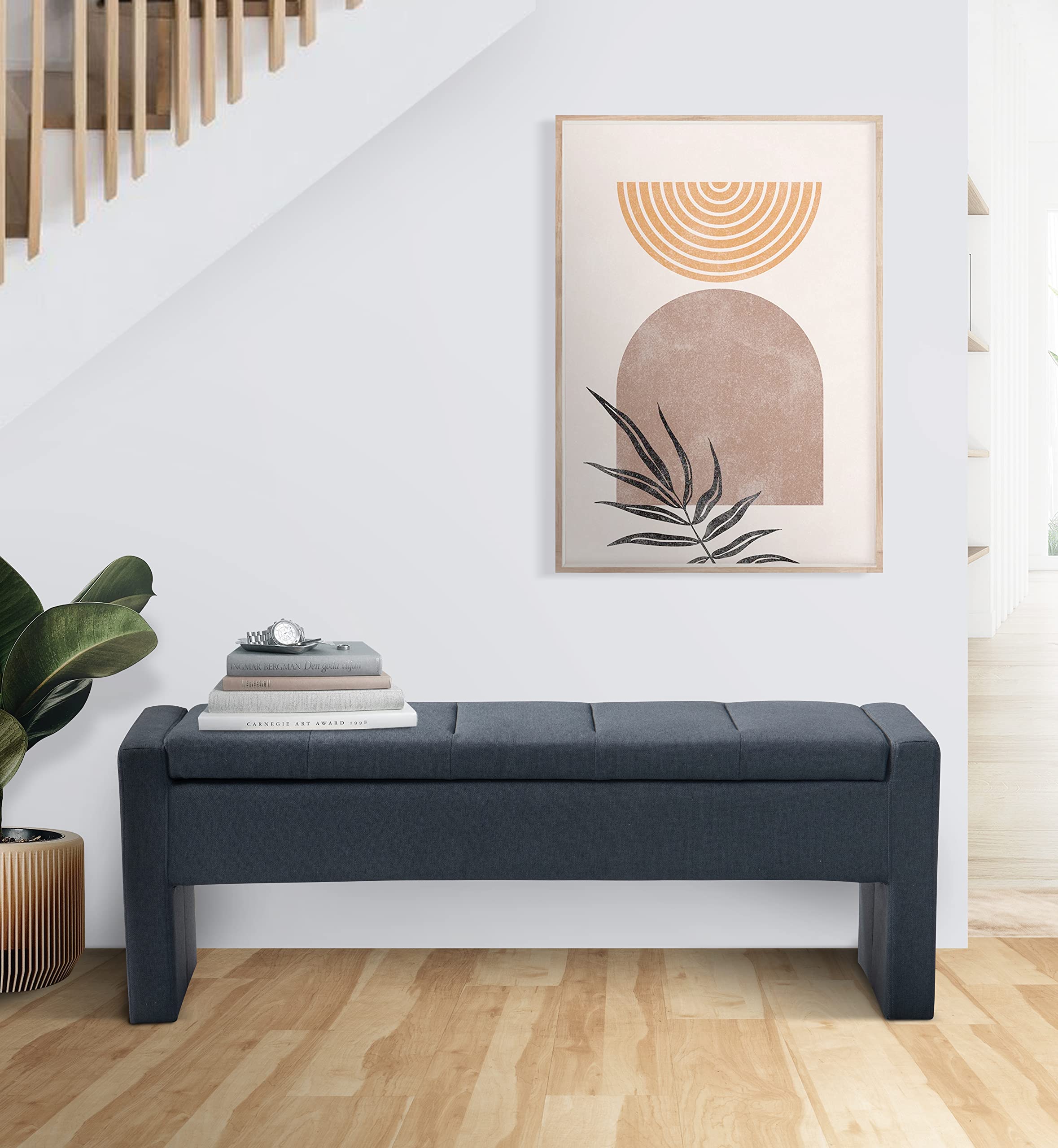 Photo 1 of Chic Home Kube Storage Bench Linen Textured Upholstery Minimalist Design with Discrete Interior Compartment, Modern Contemporary, Blue