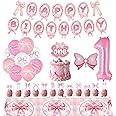 Pink Bow 1st Birthday Party Decorations, Baby Girl Party Supplies First Birthday Includes Banner,Tablecloth,Cake Cupcake Toppers,Number 1 Bow Balloon,Latex Balloons for Baby Shower One Year Old Party