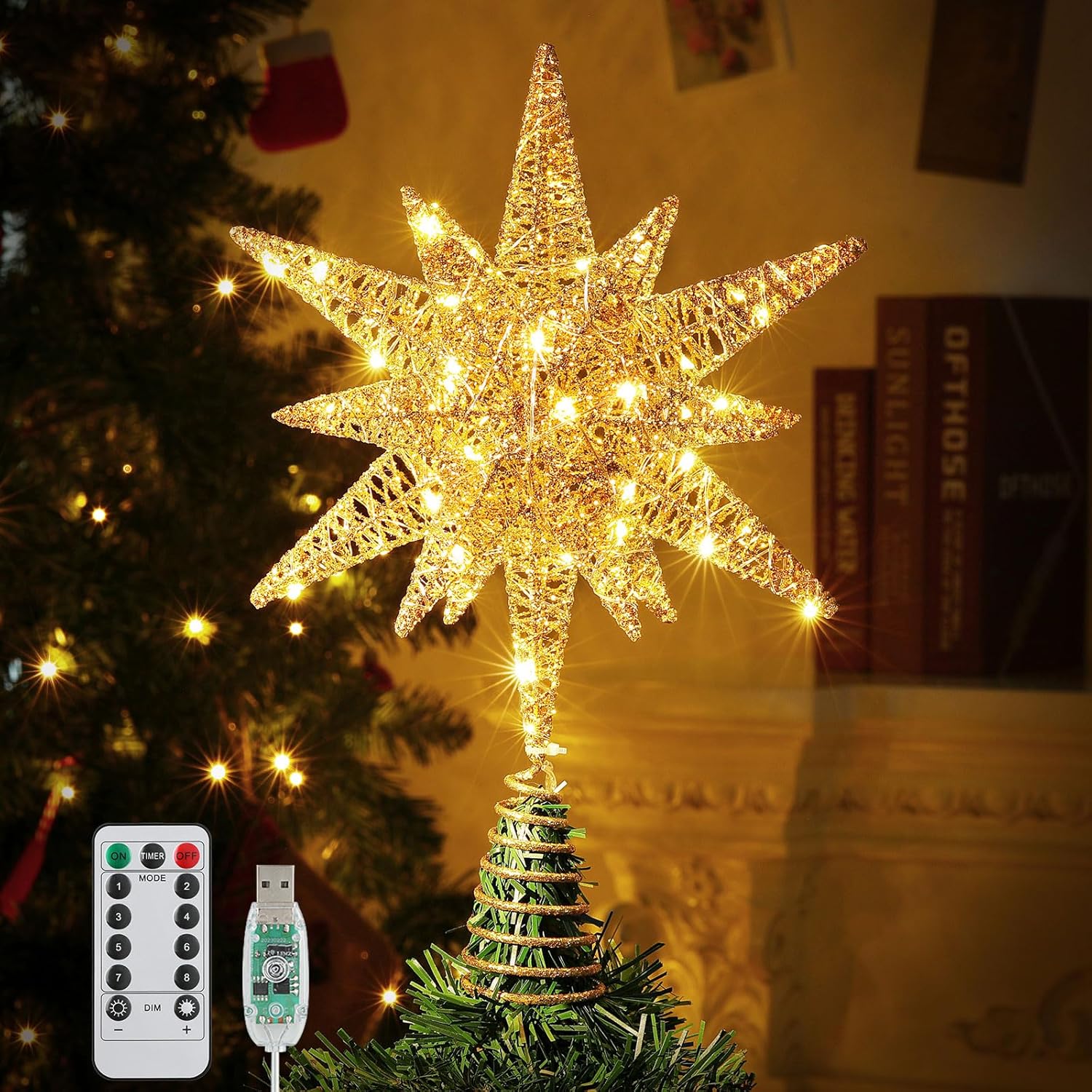 Tree Toppers - Roylvan Christmas Tree Topper Star, 3D Lighted Tree Topper with 8 Lighting Modes & Timer USB Power Xmas Indoor Decor Ornaments Adjustable Brightness Decor Festival Gift for Xmas Holiday Party, Gold