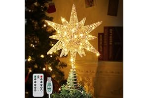 Roylvan Christmas Tree Topper Star, 3D Lighted Tree Topper with 8 Lighting Modes & Timer USB Power Xmas Indoor Decor Ornaments Adjustable Brightness Decor Festival Gift for Xmas Holiday Party, Gold