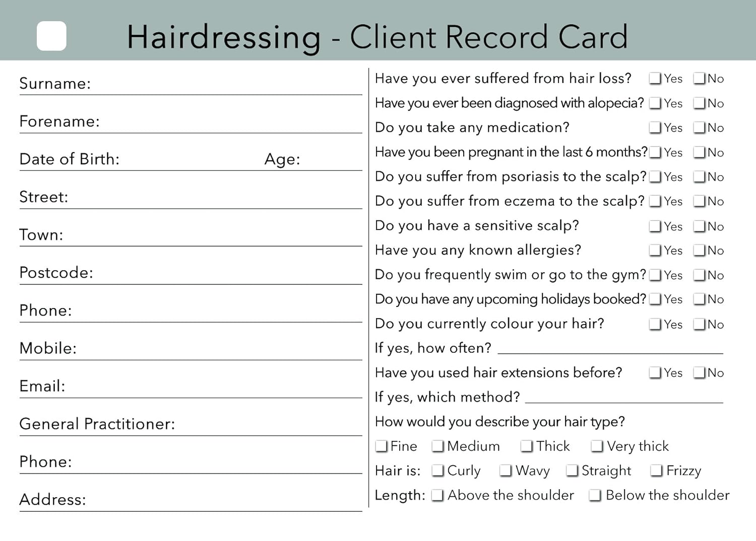 Hairdressing Client Record Card Consultation Card Pack Of 100