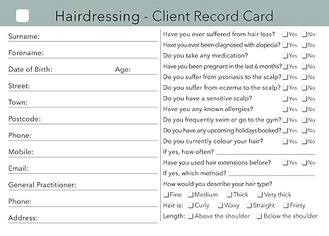 Hairdressing Client Record Card Consultation Card Pack Of 100