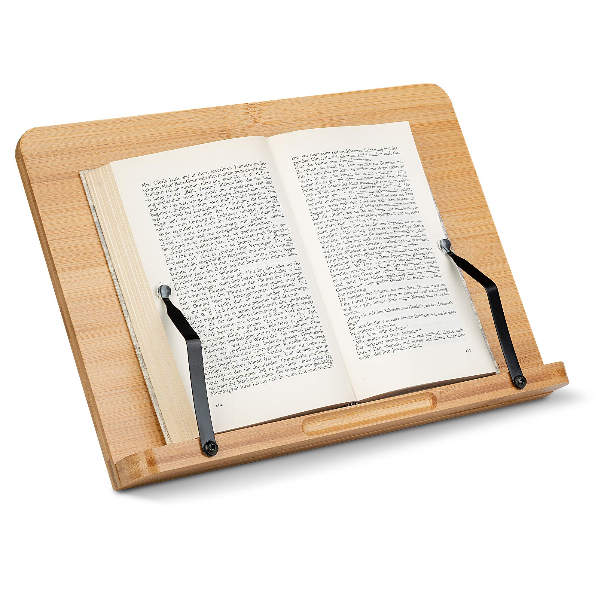 Navaris Bamboo Book Stand - Hands-Free Reading Recipe Cookbook Tablet Holder with 2 Adjustable Metal Page Holders with Grips - Bamboo Book Easel