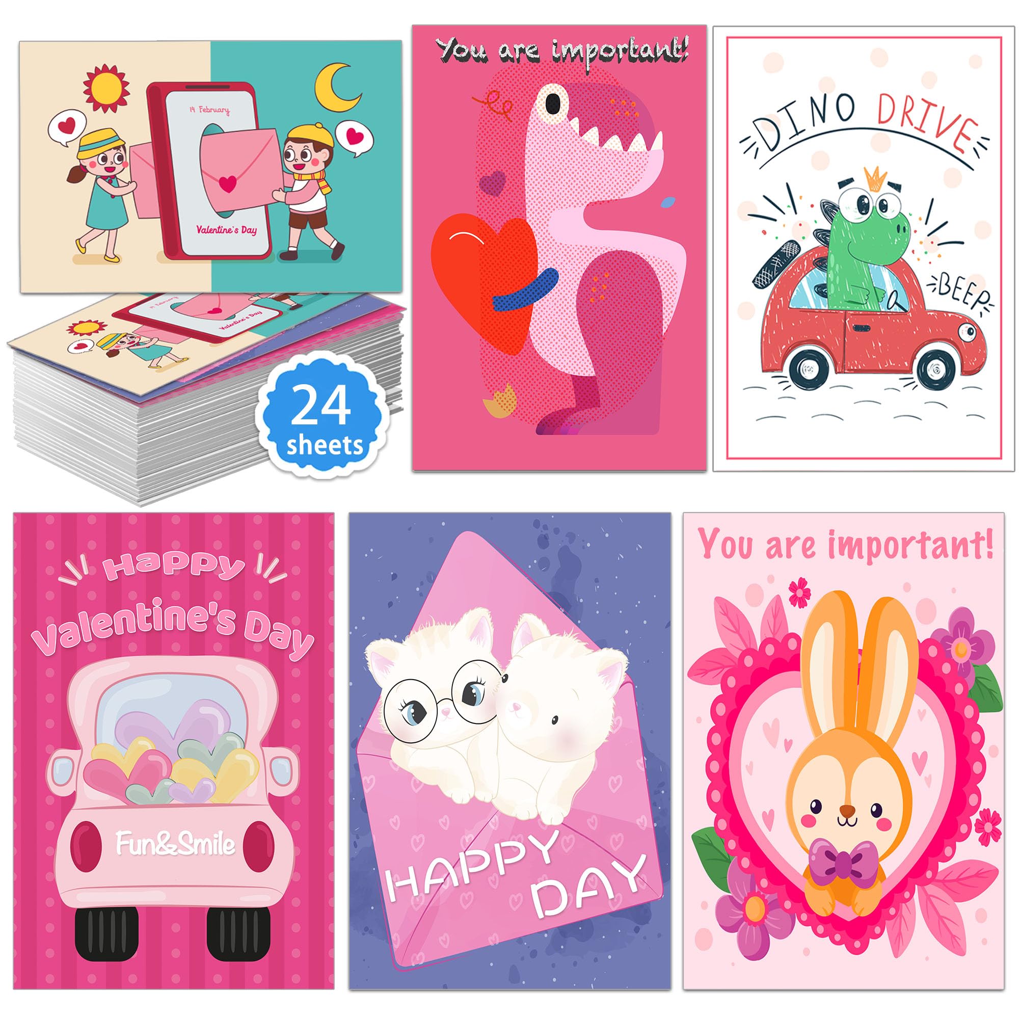 HSHFAMIIY Valentines Day Cards for Kids School, 24 Sheets Valentines Cards for Kids Classroom, Valentine's Day Gifts for Kids, Exchange Kids Gifts for School