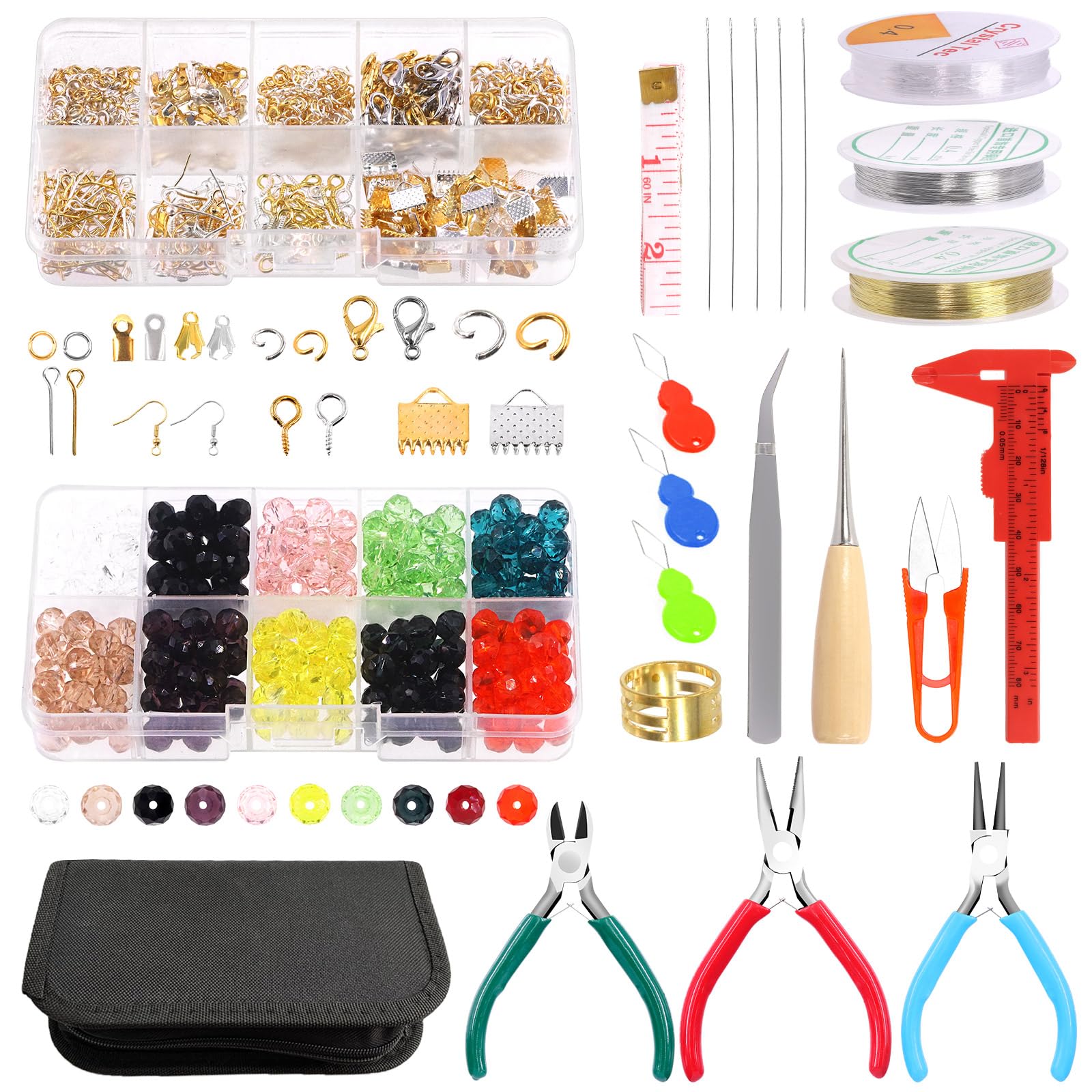 Keadic 1200Pcs Jewelry Making Supplies Kit Contains 10 Colors Crystal Glass Beads Jewelry Pliers Tools and Jewellery Findings for Earrings Necklace Ring and Bracelets Making Repairing and Beading