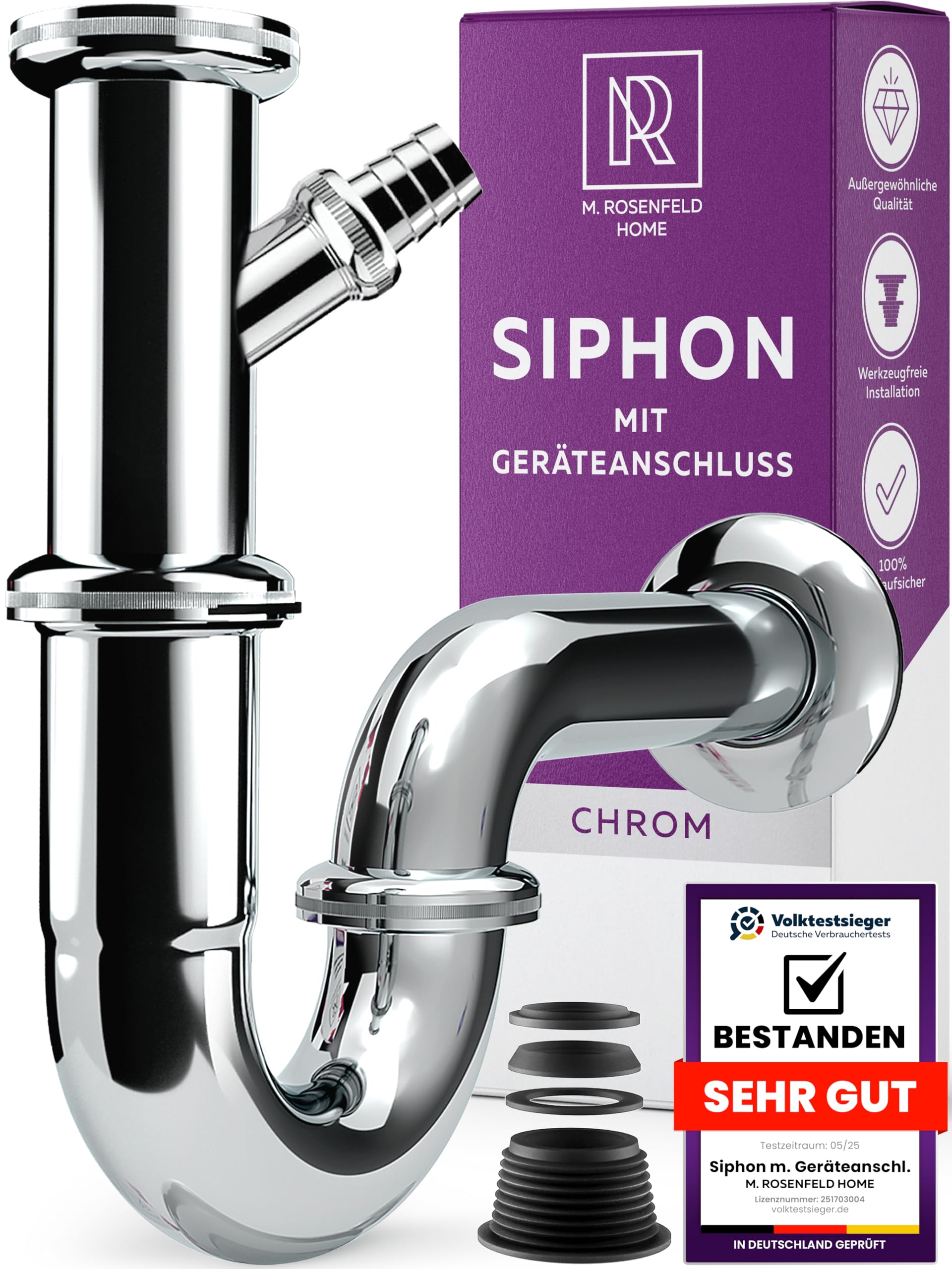 Universal Siphon for Washbasins and Washbasins with Device Connection - Easy Installation + Height Adjustable + Drain Pipe Standardised 1 1/4 Inch + Wall Rosette + Rubber Sleeve Tube Siphon Odour Trap