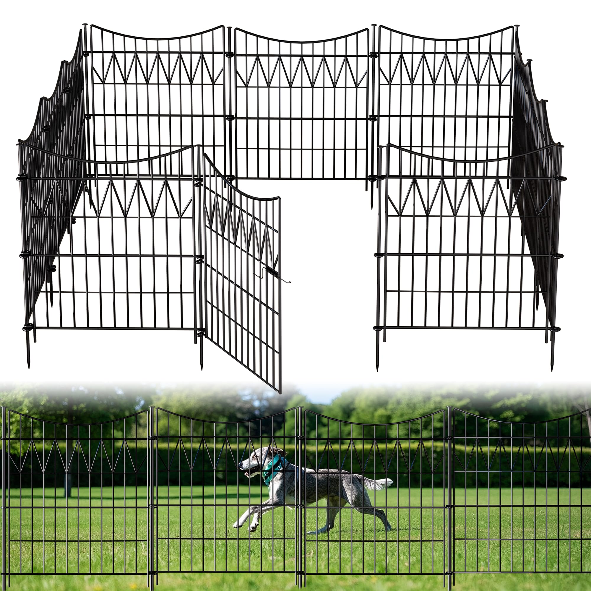 View 1 of 12 Panels Garden Fence with Gate - 32in(H) x 27ft(L) No Dig Dog Fence | Rustproof Metal Animal Barrier & Garden Border | Reusable Durable Decorative Fence Panels for Yard, Black