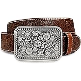 Western Fashion Style Floral Engraved Buckle Full Grain Genuine Leather Belt 1-1/2" (38mm) Wide - Assembled in the U.S
