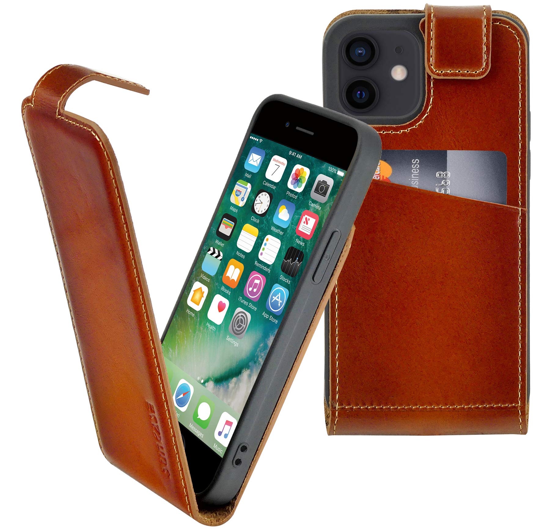 Suncase Original Flip Style (Ultra Slim) Compatible with iPhone 12 (6.1 Inches) Leather Case Protective Case Cover in Burned Cognac