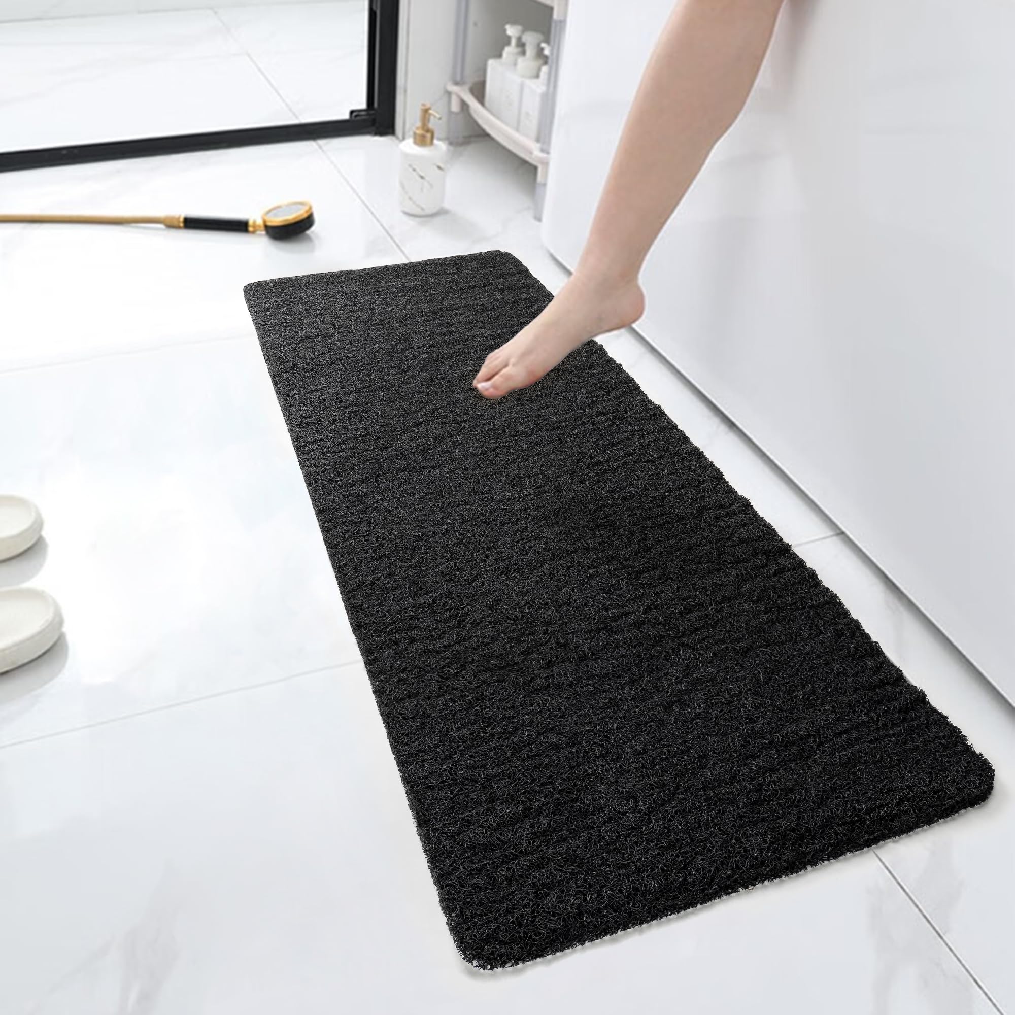 HITSLAM Shower mat Non Slip, 120x40 CM Non Slip Bath Mat with Drain, Soft PVC Loofah Shower Bath Mat for Tub, Quick Drying Shower Mat for Bathroom, Black