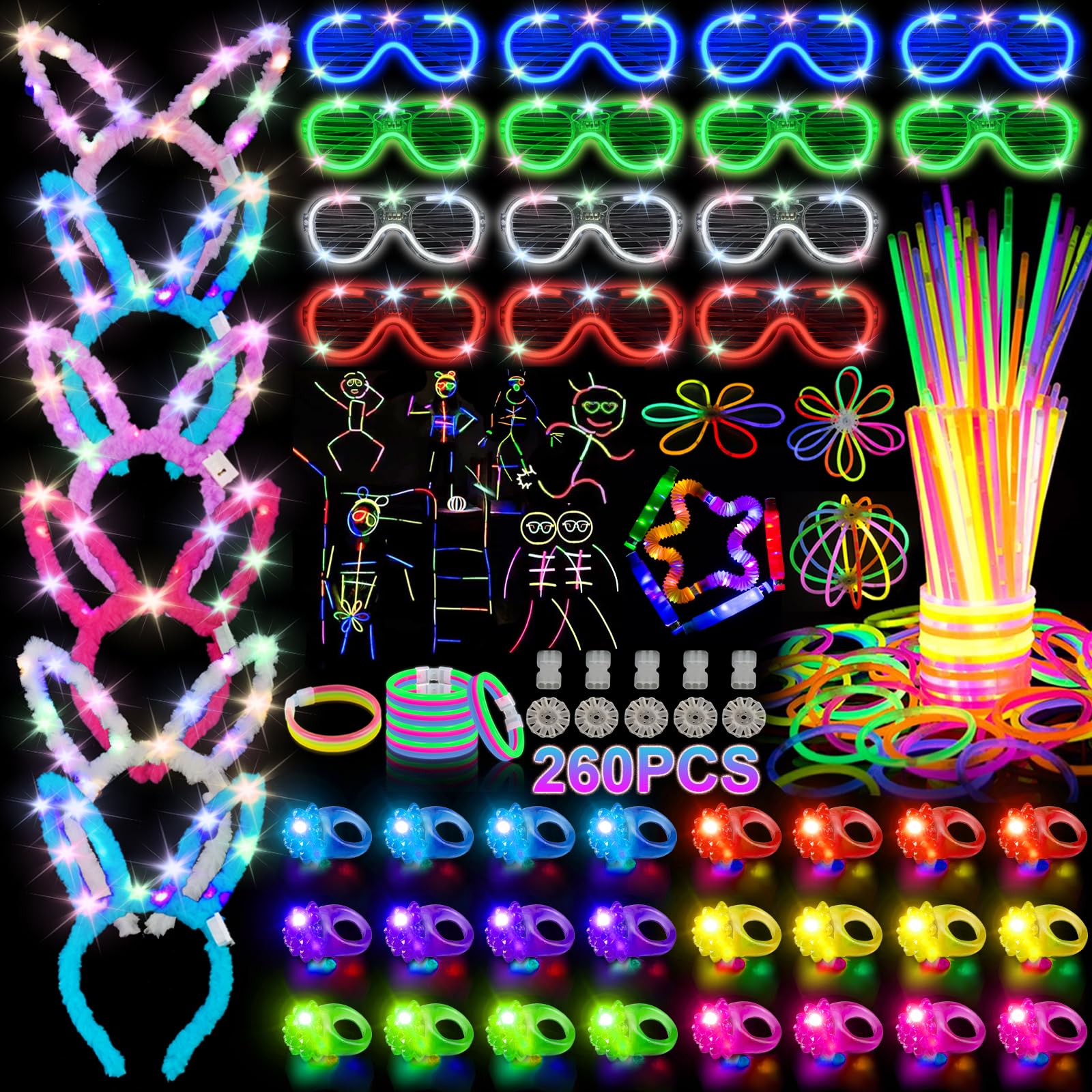 Photo 1 of Taotuo Glow in the Dark Party Supplies for Kids Adults,Glow Party Supplies Favors,50 LED Light Up Toys, 210 Glow Sticks Bulk Party Pack DIY Glow Glasses Headbands Necklaces for Neon Party Decorations