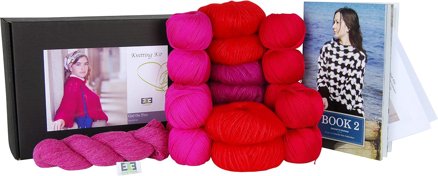 DesignEtte Knitting Kit Girl on Fire 100 Percent Mercerized Egyptian Cotton Superkid Mohair Silk and Shetland Wool Blend 2X 3X-Large Red/Pink No-s-2719