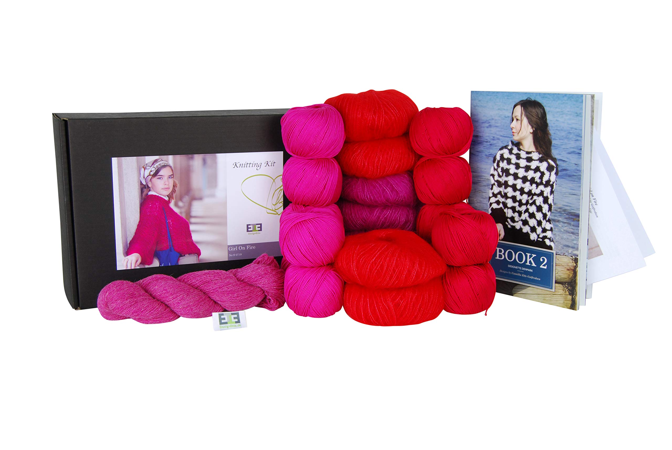 DesignEtte Knitting Kit Girl on Fire 100 Percent Mercerized Egyptian Cotton Superkid Mohair Silk and Shetland Wool Blend 2X 3X-Large Red/Pink No-s-2719, 2XL/3XL