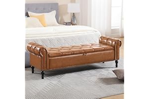 HOMYKA Faux Leather Storage Bench for Bed Room 67 Inch Upholstered Tufted Ottoman Bench with Arms King Size Large Storage Space End of Bed Benches for Bedroom Living Room Entryway Brown