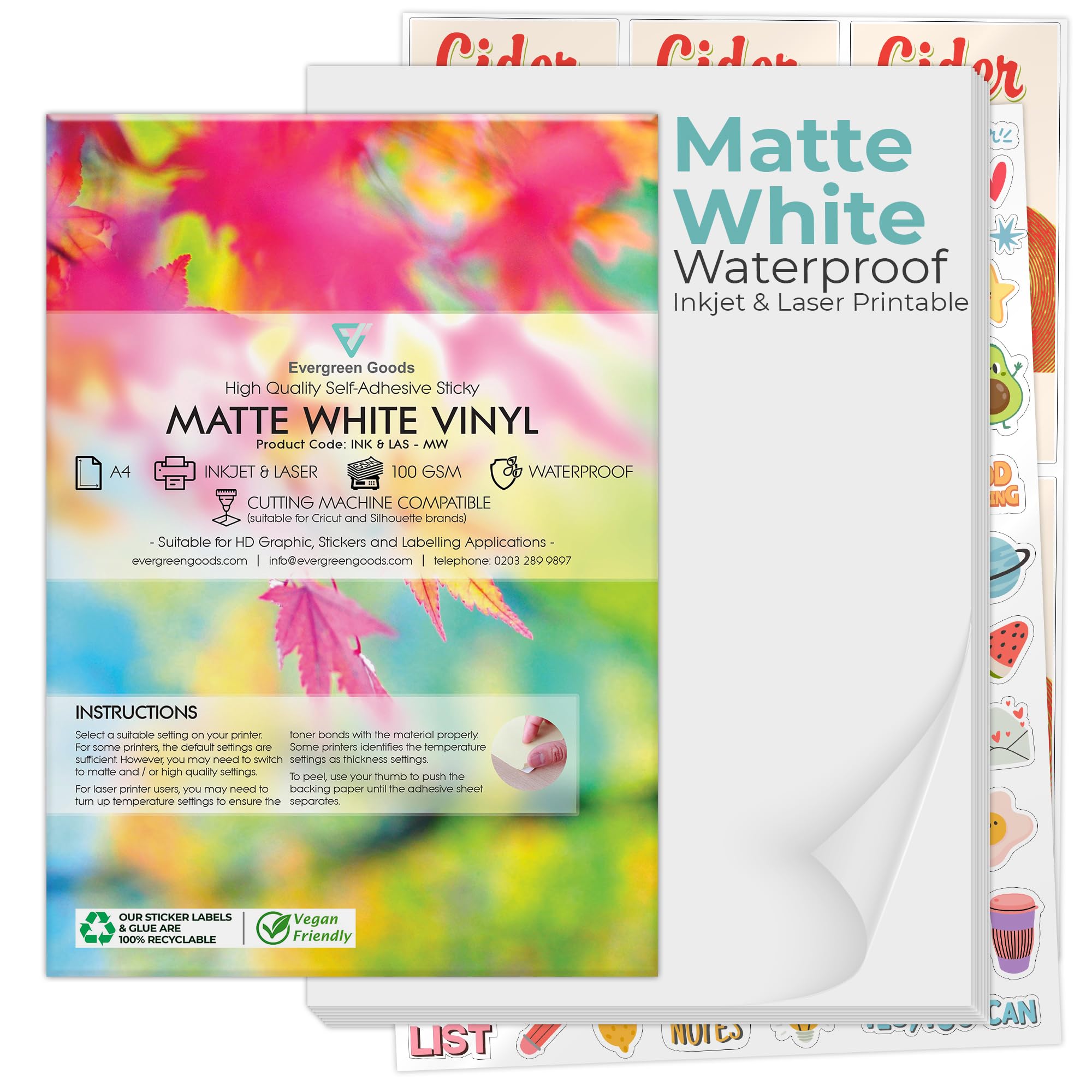 Evergreen Goods 10 A4 Matte White Printable Sticker Paper Vinyl | Inkjet Laser Waterproof Sheets - Blank Self Adhesive Vinyl | Make Your Own Stickers & Product Labels | Ideal for Cricut Cameo Cutters