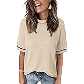 Dokotoo Women's Casual Short Sleeve Sweaters Loose Crewneck Crochet Hollow Out Knit Solid Pullover Sweater Jumper Tops