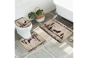 SATRTUD 3pcs Rustic Wood Wolf Bathroom Sets with Non-Slip Rug,Toilet Lid Cover and Bath Mat,Forest Wild Animal Bear Deer Woodland Silhouette on Barn Wooden Board Cabin Bathroom Carpet Bath Mat Toilet Rugs