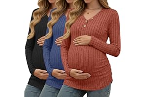 Oakgarden 3 Pack Women's V Neck Maternity Sweaters Long Sleeve Shirts Clothes Pregnancy Henley Tops Ribbed Side Ruched Tunic