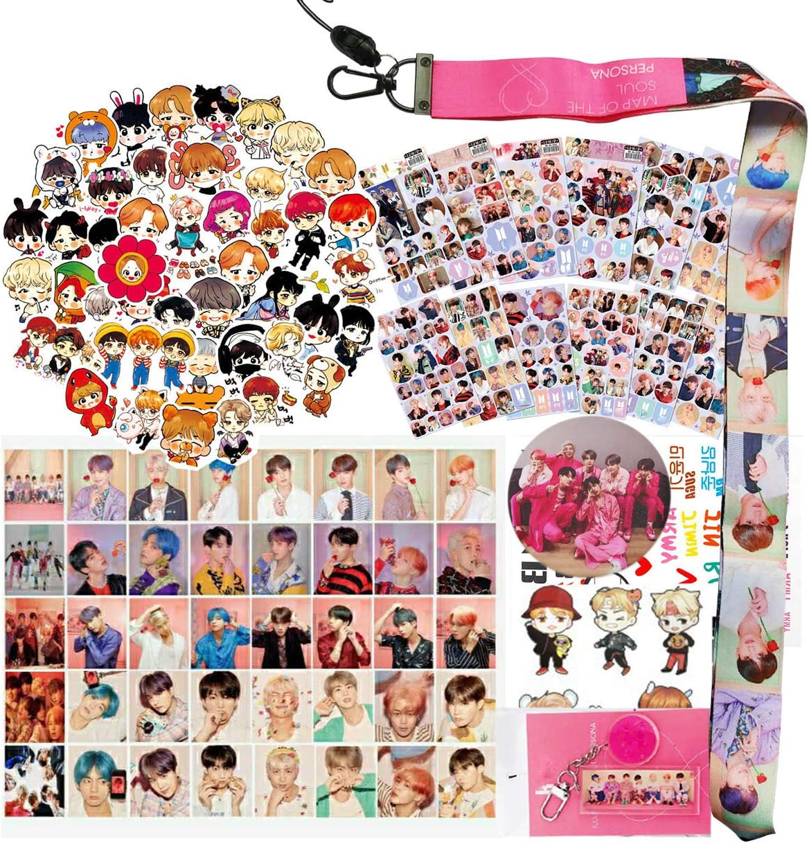 Bangtan Boys Gifts Set-40Pcs Lomo Cards,12 Sheets Sticker,1 Keychain,1 Pack Lanyard,1 Button Pins,63 PcsLaptop Stickers,1 3D Stickers