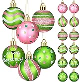 Soulchen 12 Pcs 2.4 Inch Christmas Balls Ornaments for Tree Pink Green Glittering Hanging Christmas Tree Decoration Plastic Balls for Xmas Holiday Party Decor Favors