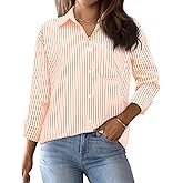 AISEW Womens Button Down Shirts Striped Classic Long Sleeve Collared Office Work Blouses Tops with Pocket