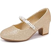 LAURMOSA Flower Girl Shoes Kids High Heels Mary Jane Flats Cute Pearl Rhinestones Girls Dress Pumps Shoes for Church Wedding Party Little Big Kids