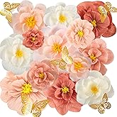 Qunland 36 Pcs Tissue Paper Flowers, Crepe Paper Flowers Decorations, Large Paper Flower w 3D Butterfly for Baby Shower Nursery Room Wedding Birthday Party & Events Wall Décor(Pink White)