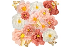 Qunland 36 Pcs Tissue Paper Flowers, Crepe Paper Flowers Decorations, Large Paper Flower w 3D Butterfly for Baby Shower Nursery Room Wedding Birthday Party & Events Wall Décor(Pink White)