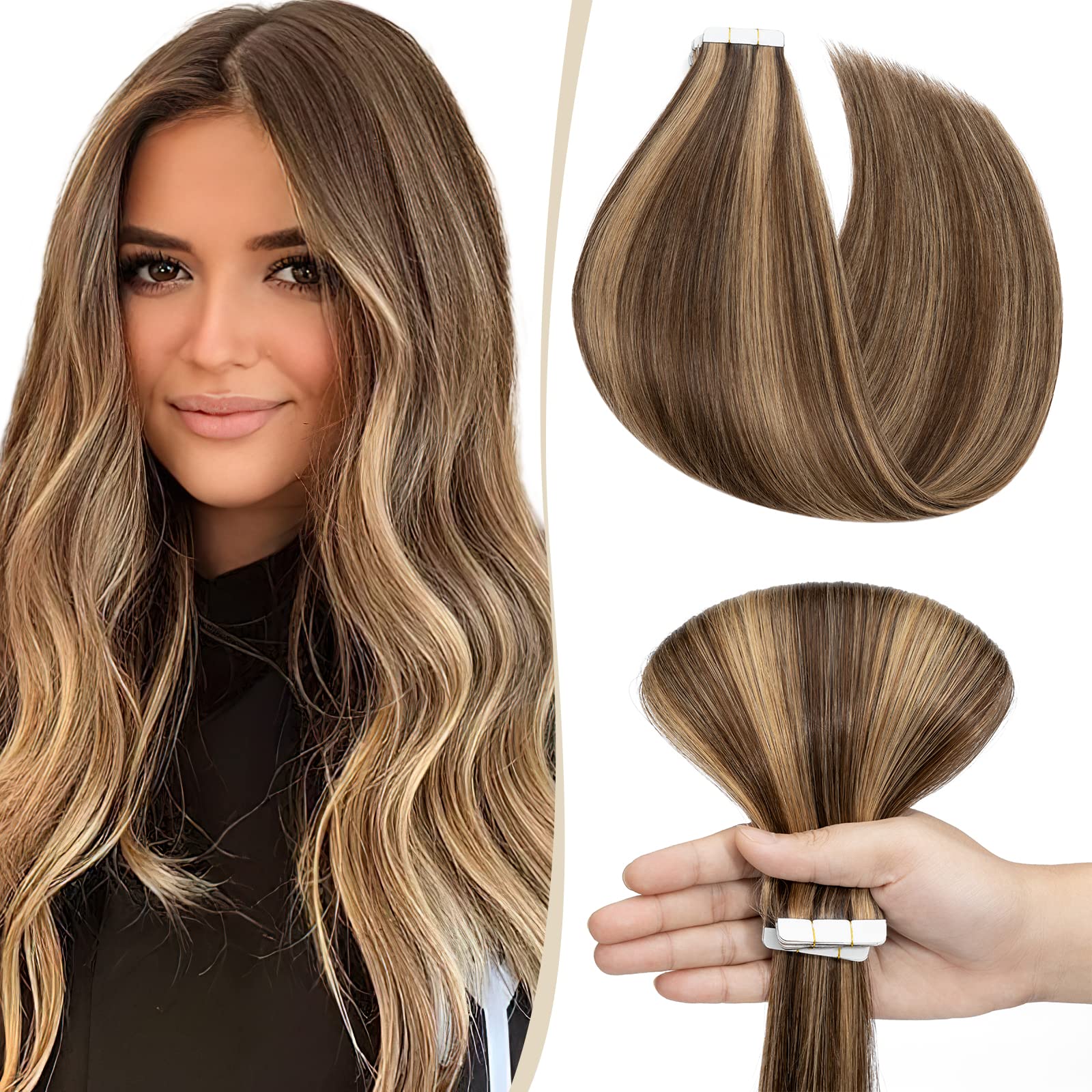 12 inch SEGO Tape in Hair Extensions Human Hair [10PCS*2g] #4/27 Medium Brown&Dark Blonde 100% Real Remy Straight Hairpieces Invisible (20g)