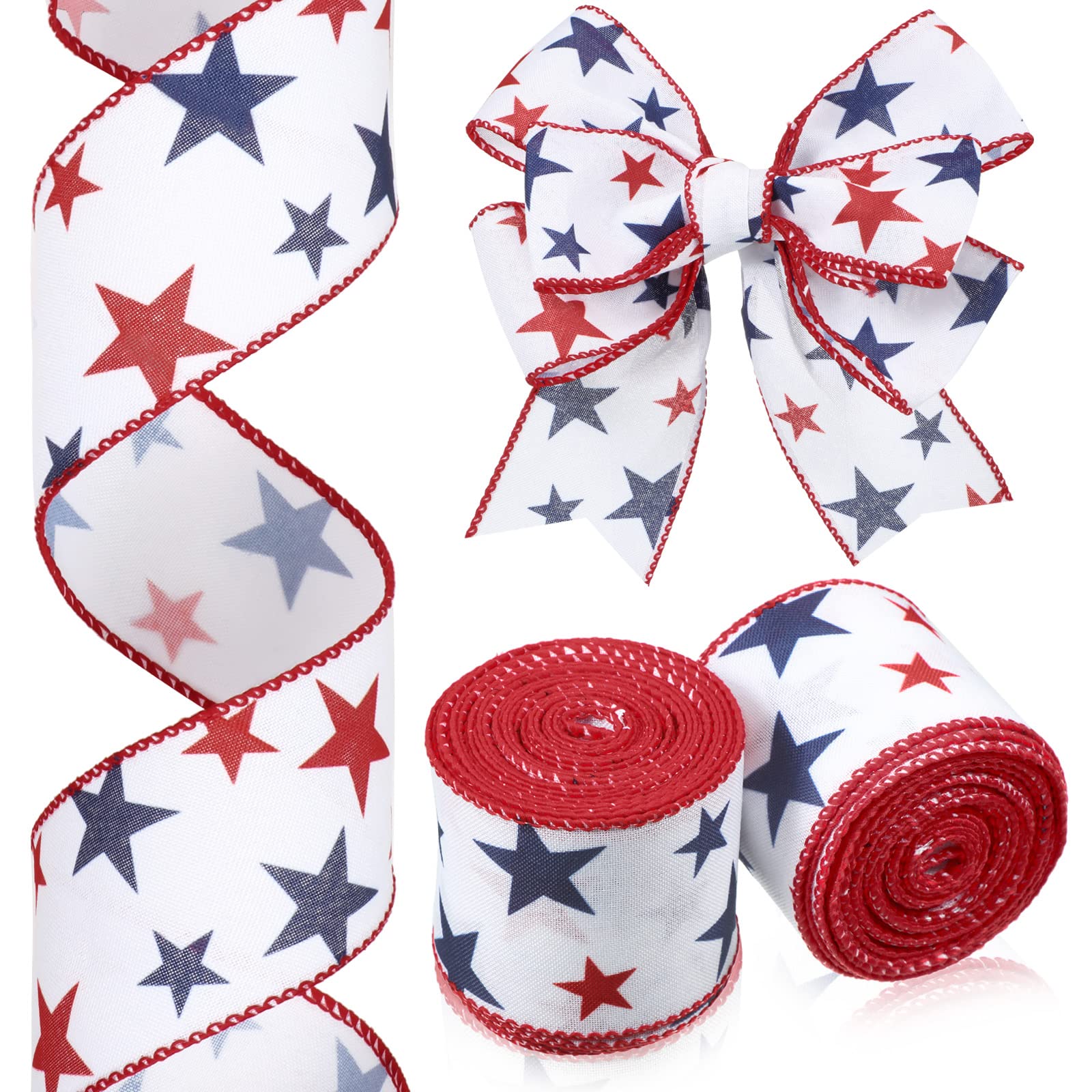 Photo 1 of 2 Rolls Red White and Blue Ribbon Patriotic Star Ribbon for 4th of July Memorial Day Gift Wrapping DIY Crafts Flag Decorations 2.5 Inch Fabric Wreath Bow Craft Sewing, 20 Yards