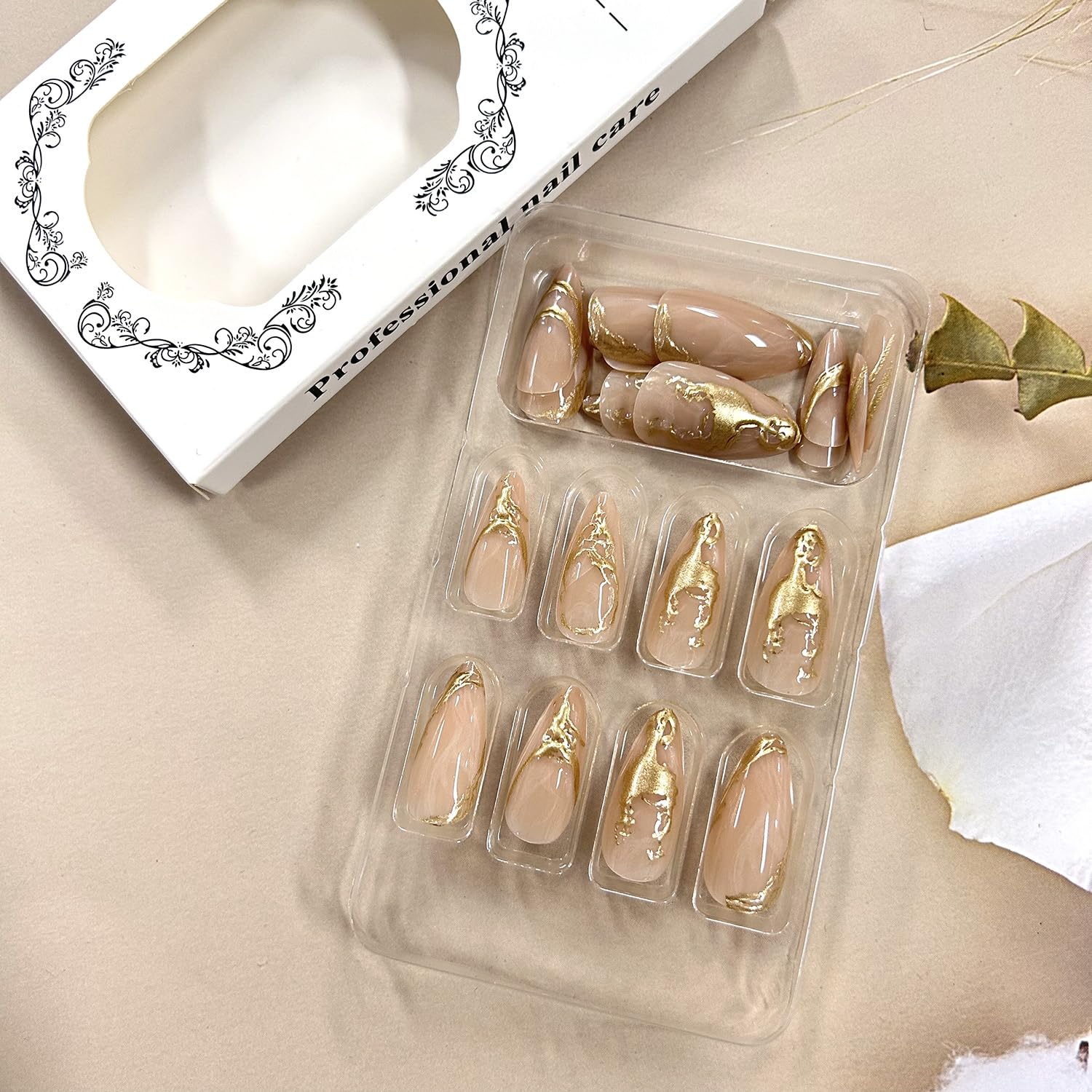 TBRZTR French Tip Press on Nails Almond 3D Gold Lines Design False Nails Full Cover Coffin Nails Artificial Stick on Nails Short Acrylic Nails Reusable Glue on Nails for Women DIY Manicure Kit 24Pcs - Image 2